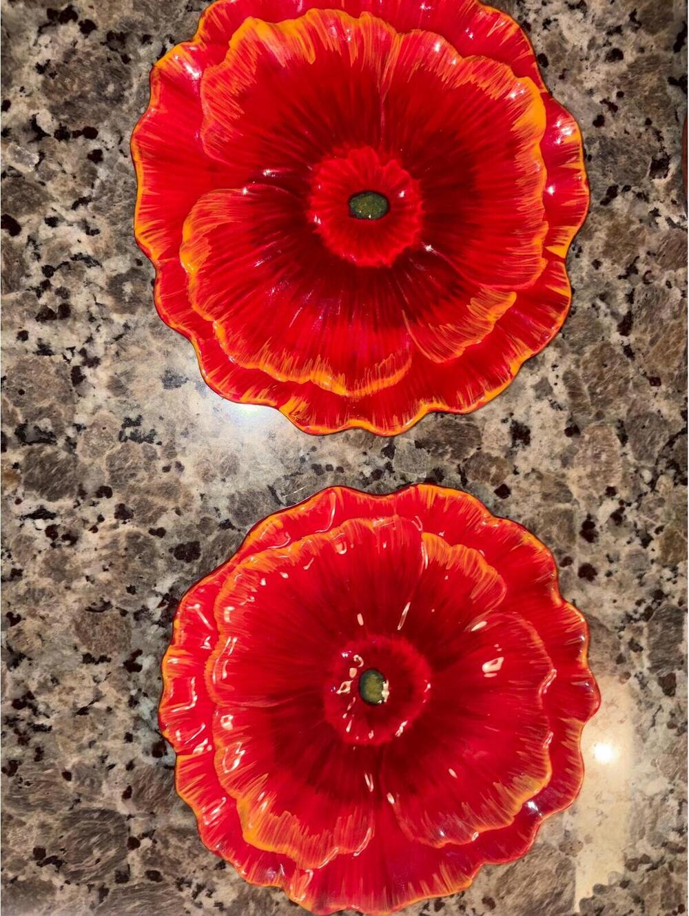 2 red earthenware poppy flower decorative plate by Pier 1.